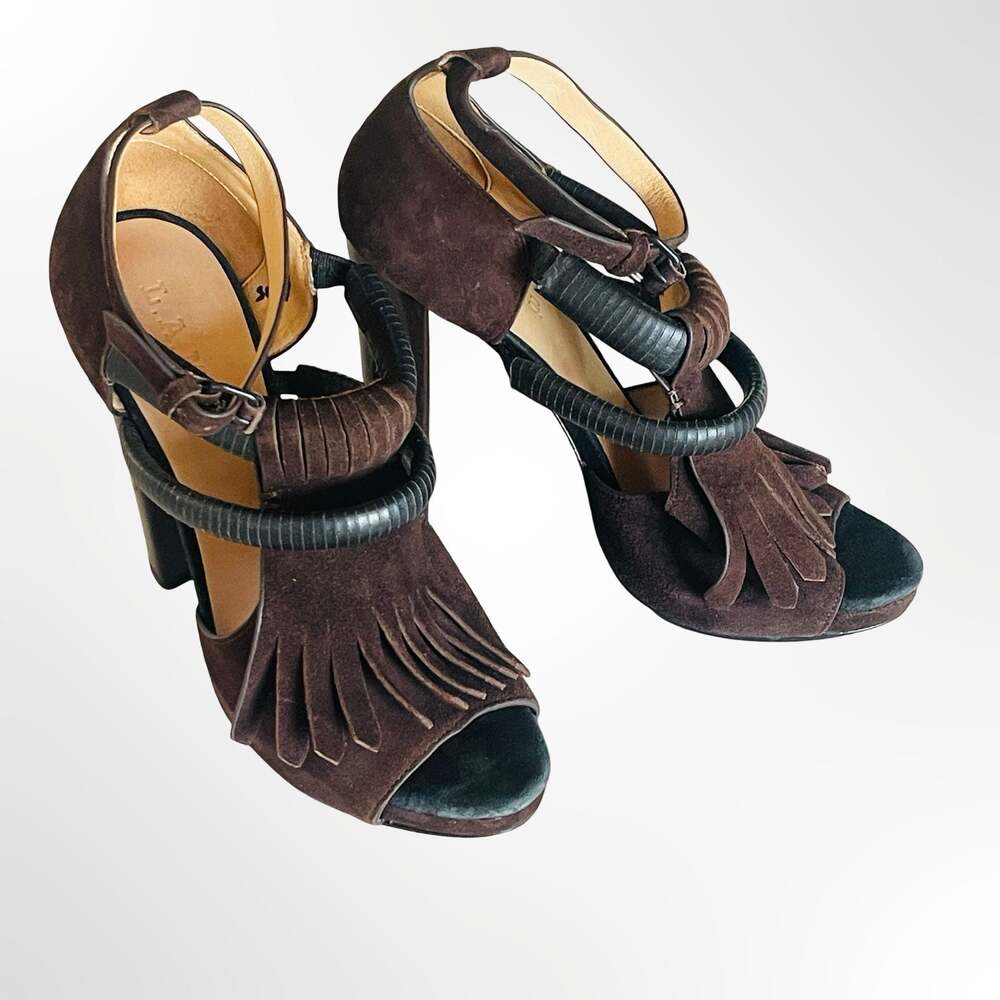 L.A.M.B. Hortensia Brown Suede Fringe High Heel Sandals Size 7.5M